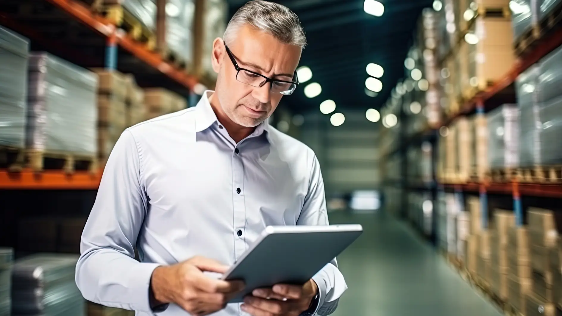 Warehouse accounting and bookkeeping. A middle-aged man stands in a warehouse with a tablet computer and checks the statements for the presence of goods.